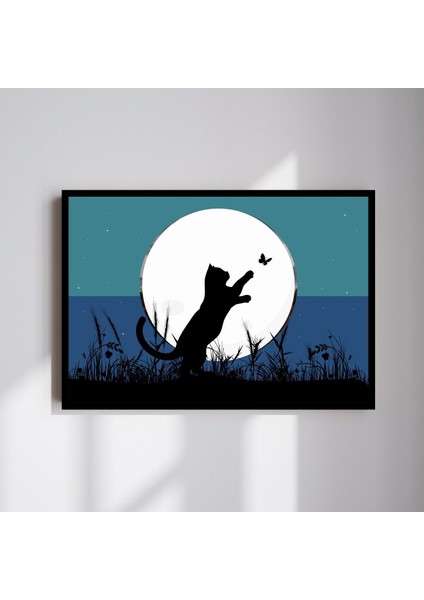 Kedi Manzara Büyük Boy Renkli Solmaz Kaliteli Baskı Çerçeve Görünümlü Mdf Tablo 70X50CM 78