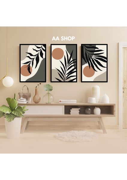 3 Parça Çiçek Yaprak Renkli Solmaz Kaliteli Baskı Çerçeve Görünümlü Mdf Tablo Set 21