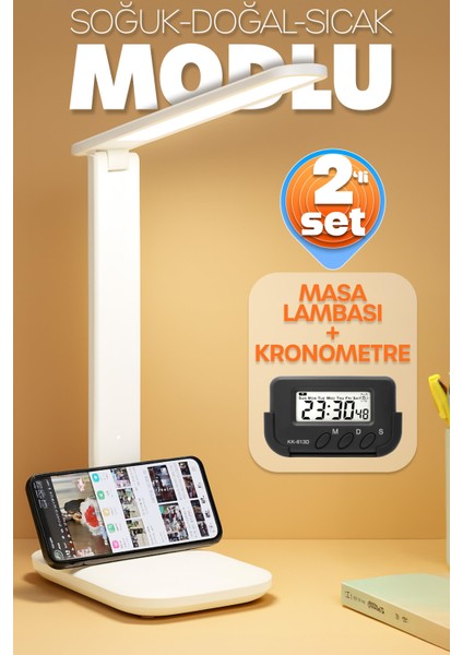 2li Set Şarjlı Masa Lambası + Kronometreli Öğrenci Saati Renk Ayarlı Ders Çalışma Okuma Lambası
