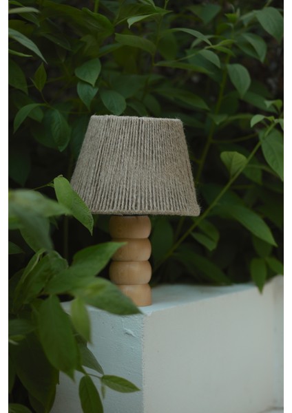 El Yapımı Doğal Ahşap Jüt Hasır Bohem Abajur - Ahşap Ayaklı Hasır Abajur (Kablolu)