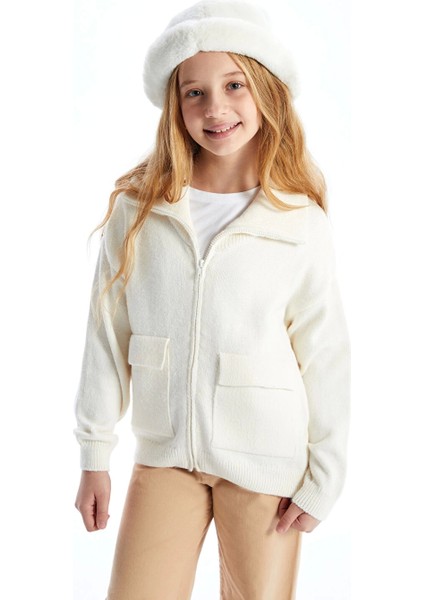 Lcw Kids Ekru Polo Yaka Kız Çocuk Triko Hırka