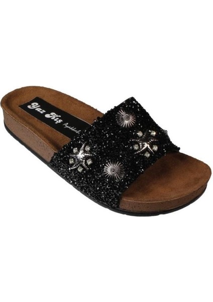 Yazkış Kadın Siyah Platin Üzeri Deniz Kabuğu Taşlı Simli Düz Taban Terlik