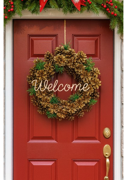 Dekoratif Kozalak Çelenk Kapı Süsü Yeni Yıl Hediyelik (35*35 CM)