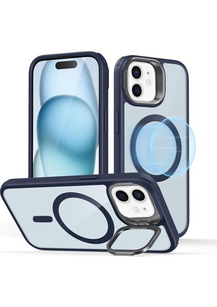 iPhone 11 Uyumlu Kenarları Gri Kamera Standlı Arkası Şeffaf Magsafe Kılıf