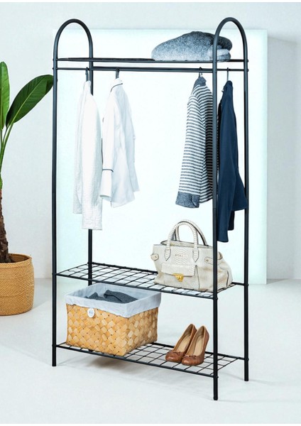 Dekoratif Siyah Metal Elbise Askılığı 3 Raflı Çok Amaçlı Ayaklı Portmanto ve Konfeksiyon Askılığı