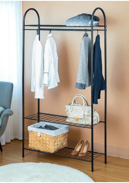 Dekoratif Siyah Metal Elbise Askılığı 3 Raflı Çok Amaçlı Ayaklı Portmanto ve Konfeksiyon Askılığı fiyatları