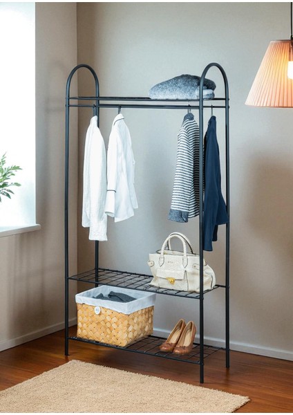 Dekoratif Siyah Metal Elbise Askılığı 3 Raflı Çok Amaçlı Ayaklı Portmanto ve Konfeksiyon Askılığı
