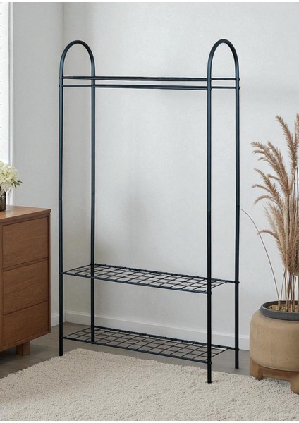 Dekoratif Siyah Metal Elbise Askılığı 3 Raflı Çok Amaçlı Ayaklı Portmanto ve Konfeksiyon Askılığı