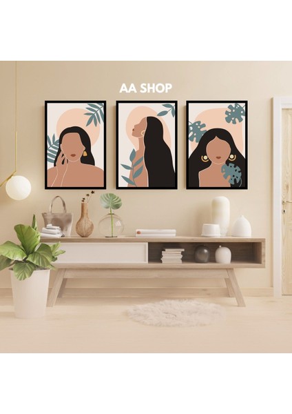 3 Parça Kadın Çiçek Renkli Solmaz Kaliteli Baskı Çerçeve Görünümlü Mdf Tablo Set 56