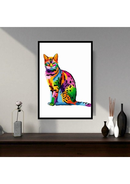 Kedi Hayvan Büyük Boy Renkli Solmaz Kaliteli Baskı Çerçeve Görünümlü Mdf Tablo 70X50CM 03