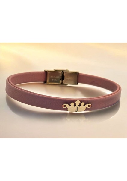 14 Ayar Plakalı Altın J Harfine Özel Koyu Pembe Derili Taç Motifli Hediye BILEKLIK-624HARF fiyatları