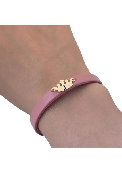 14 Ayar Plakalı Altın J Harfine Özel Koyu Pembe Derili Taç Motifli Hediye BILEKLIK-624HARF fırsatları