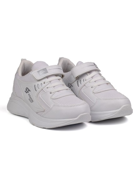 Unisex Çocuk Beyaz Cırtlı Bağcıklı Sneaker Günlük Rahat Spor Ayakkabı