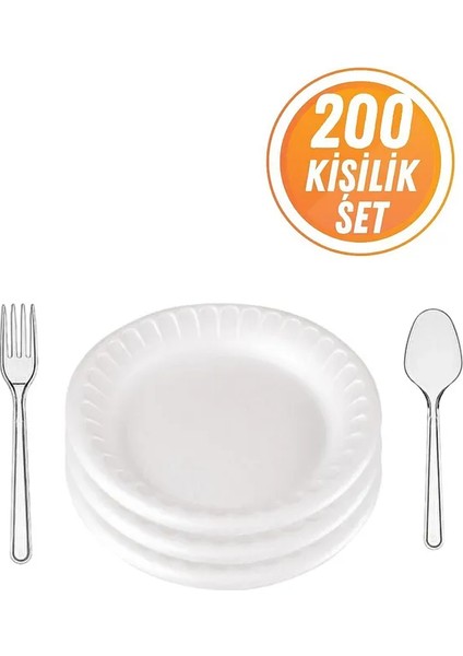 200LÜ Düz Köpük Tabak, 200 Plastik Çatal, 200 Plastik Kaşık Set