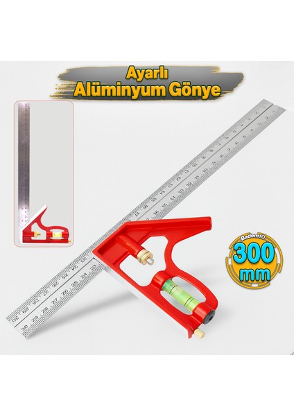 300 mm 30 cm Ayarlı Alüminyum Marangoz Gönye Metal Gövde Açılı Ölçüm Cetveli Inşaat Hassas Gönye