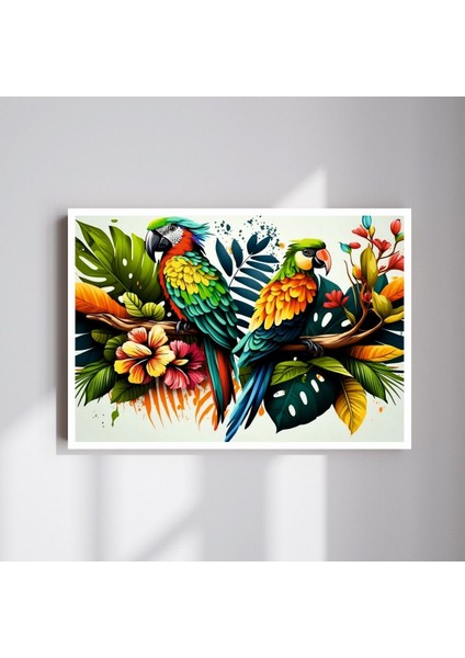 Papağan Hayvan Yaprak Büyük Boy Renkli Solmaz Kaliteli Baskı Çerçeve Görünümlü Mdf Tablo 70X50CM 112
