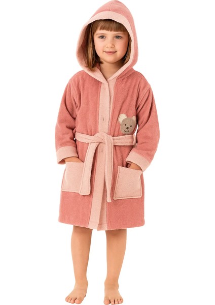 Ayı Figürlü Pamuklu Kız Çocuk Bornozu - Kapşonlu