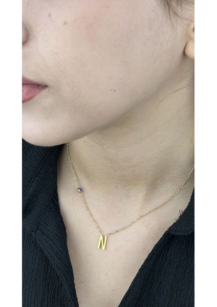 N Harfli, Nazar Figürlü, Paslanmaz Çelik Kolye 281, Altın Renk