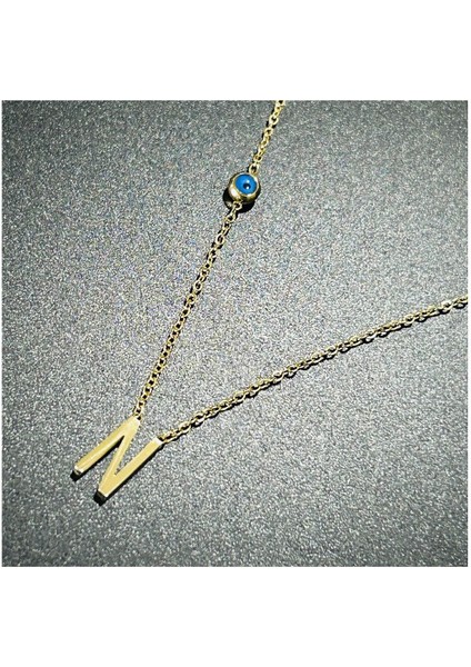 N Harfli, Nazar Figürlü, Paslanmaz Çelik Kolye 281, Altın Renk modelleri