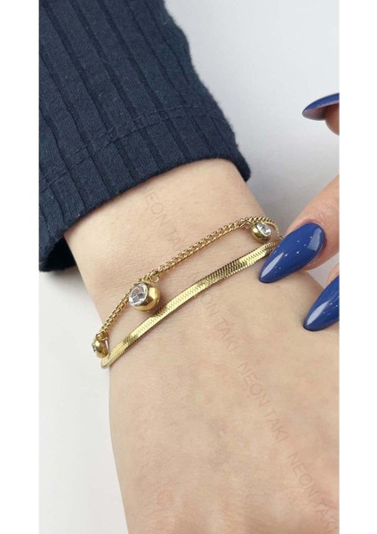 Sallantılı Zirkon Taşlı, Çift Renk, Paslanmaz Çelik Bileklik 159, Altın Renk