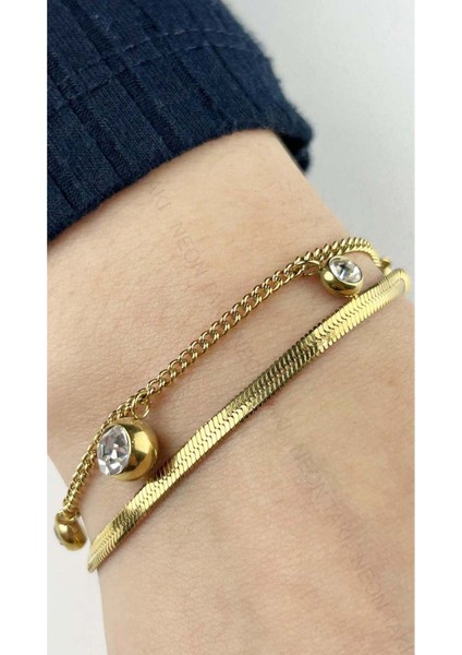Sallantılı Zirkon Taşlı, Çift Renk, Paslanmaz Çelik Bileklik 159, Altın Renk fiyatları