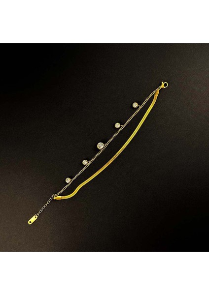 Sallantılı Zirkon Taşlı, Çift Renk, Paslanmaz Çelik Bileklik 159, Altın Renk modelleri