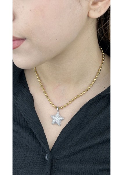 Yıldızlı, Top Zincir Paslanmaz Çelik Kolye 221 Zincir Altın-yıldız Gümüş Renk