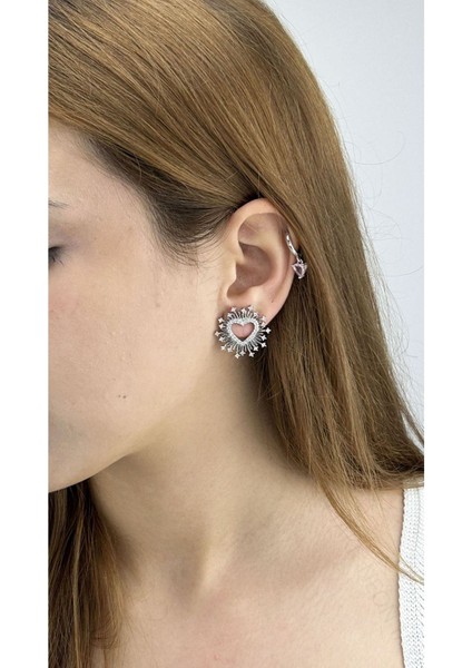 Zirkon Taşlı, Kalp, Paslanmaz Çelik Küpe 608, Gümüş Renk