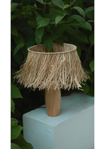 El Yapımı Doğal Ahşap Saçaklı Rafya Bohem Abajur - Ahşap Ayaklı Abajur (Kablolu)
