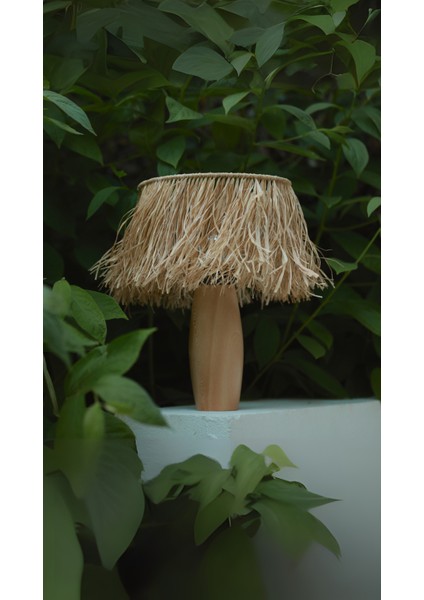 El Yapımı Doğal Ahşap Saçaklı Rafya Bohem Abajur - Ahşap Ayaklı Abajur (Kablolu) modelleri