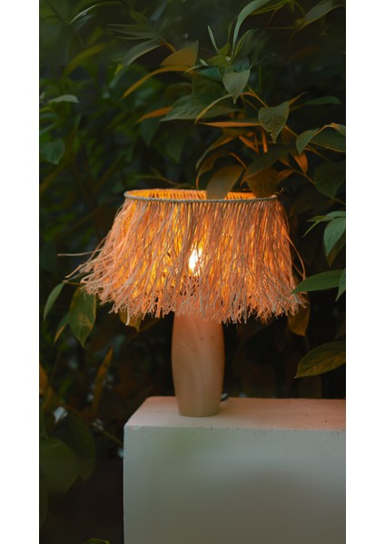 El Yapımı Doğal Ahşap Saçaklı Rafya Bohem Abajur - Ahşap Ayaklı Abajur (Kablolu) fırsatları