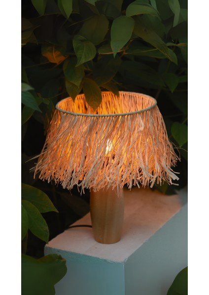 El Yapımı Doğal Ahşap Saçaklı Rafya Bohem Abajur - Ahşap Ayaklı Abajur (Kablolu) indirimleri