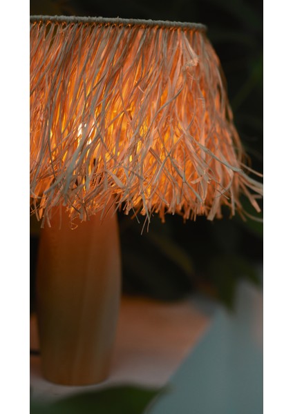 El Yapımı Doğal Ahşap Saçaklı Rafya Bohem Abajur - Ahşap Ayaklı Abajur (Kablolu)