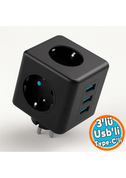 Çocuk Termal Kısa Devre Akım Korumalı 3 Prizli 2 USB + 1 Type-C Topraklı Golyat Grup Şarj Fiş Priz