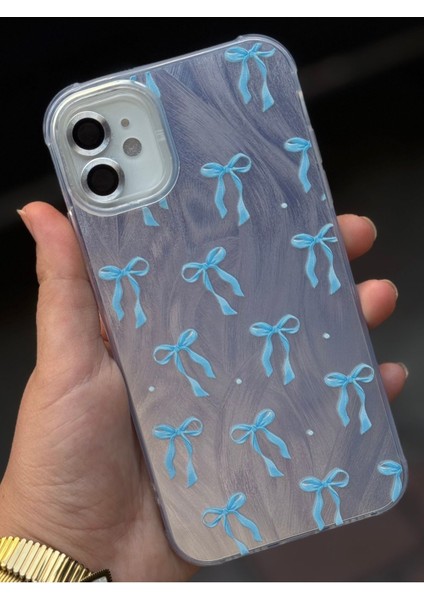 Iphone 11 Uyumlu Mavi Kurdele Detaylı Epoksili Simli Parlak Kılıf