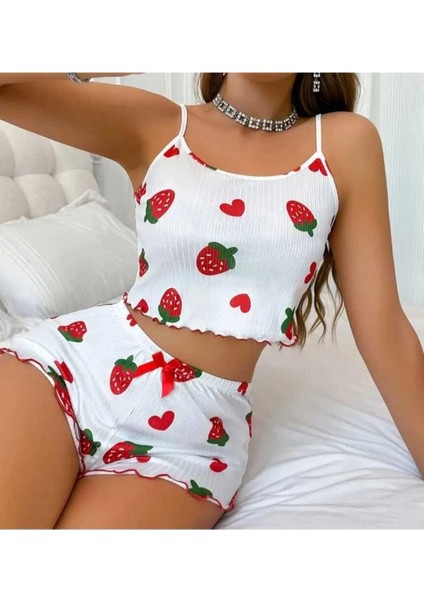 Kadın Çilek Desenli Şortlu Pijama Takımı