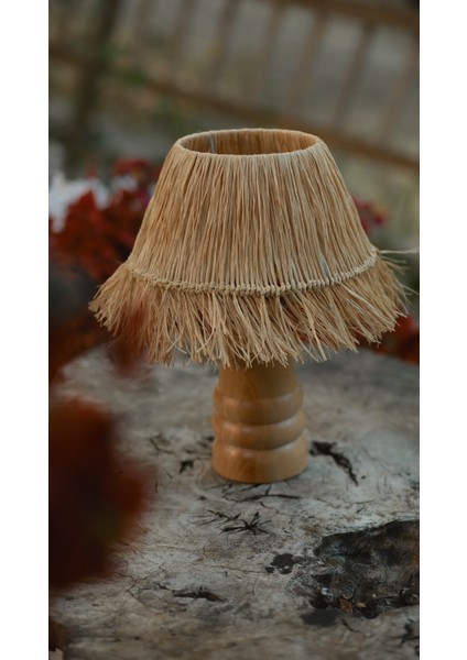 El Yapımı Doğal Ahşap Saçaklı Rafya Bohem Abajur - Ahşap Ayaklı Abajur (Kablolu)