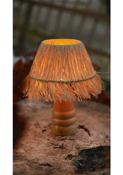 El Yapımı Doğal Ahşap Saçaklı Rafya Bohem Abajur - Ahşap Ayaklı Abajur (Kablolu) fiyatları