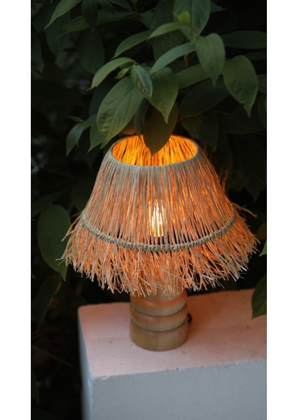 El Yapımı Doğal Ahşap Saçaklı Rafya Bohem Abajur - Ahşap Ayaklı Abajur (Kablolu) modelleri