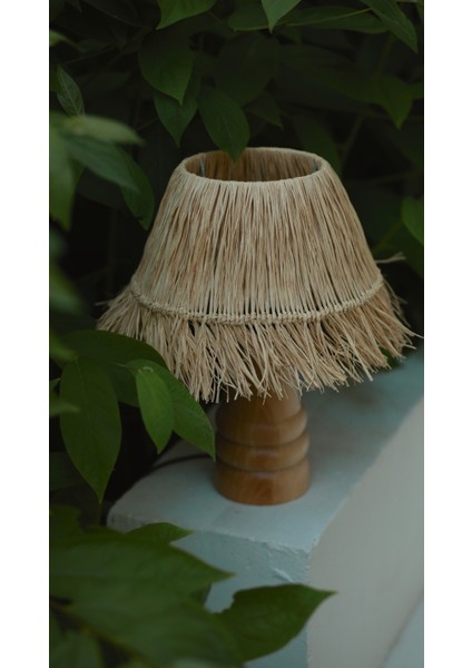 El Yapımı Doğal Ahşap Saçaklı Rafya Bohem Abajur - Ahşap Ayaklı Abajur (Kablolu) fırsatları