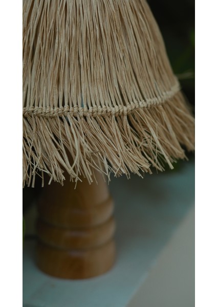 El Yapımı Doğal Ahşap Saçaklı Rafya Bohem Abajur - Ahşap Ayaklı Abajur (Kablolu) indirimleri