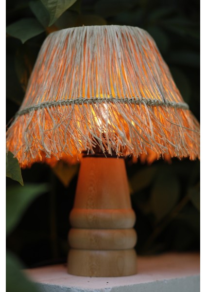 El Yapımı Doğal Ahşap Saçaklı Rafya Bohem Abajur - Ahşap Ayaklı Abajur (Kablolu)