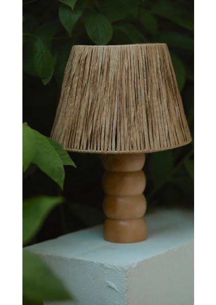 El Yapımı Doğal Ahşap Kağıt Rafya Bohem Abajur - Ahşap Ayaklı Abajur (Kablolu)