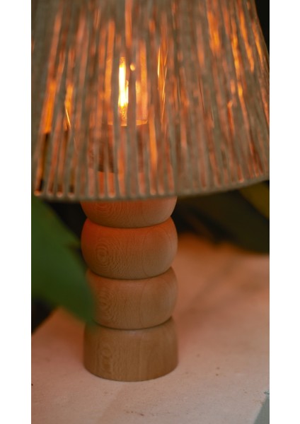 El Yapımı Doğal Ahşap Kağıt Rafya Bohem Abajur - Ahşap Ayaklı Abajur (Kablolu) indirimleri