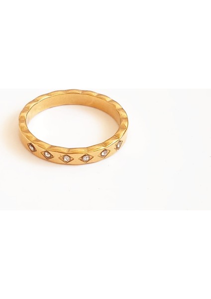 Çelik Baklava Desenli Taşlı Yüzük