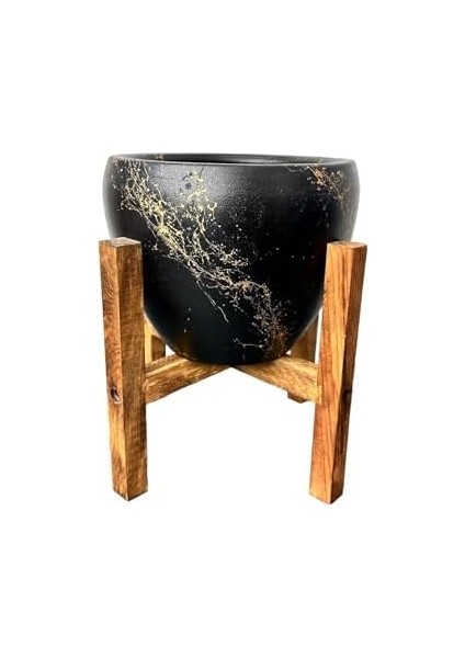 Tasarımı Ev Dekorasyon Siyah Üzeri Gold Mermer Efektli Toprak Saksı Saksılık Salon Çiçeklik 4 Ayaklı - 15 cm modelleri