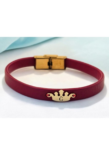 14 Ayar Altın Plakalı Ğ Harfine Özel Koyu Kırmızı Derili Taç Figürlü Hediye BILEKLIK-625HARF fiyatları