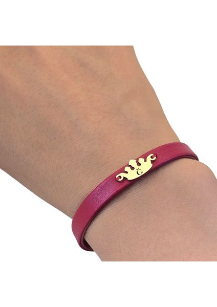 14 Ayar Altın Plakalı Ğ Harfine Özel Koyu Kırmızı Derili Taç Figürlü Hediye BILEKLIK-625HARF fırsatları