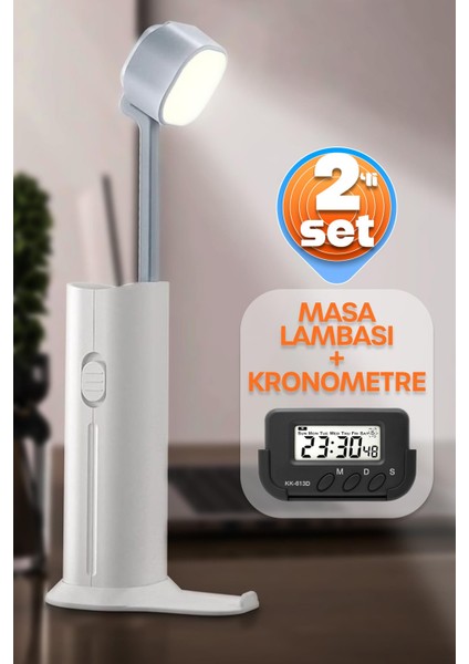 2li Set Şarjlı Masa Lambası + Kronometreli Öğrenci Saati Renk Ayarlı Ders Çalışma Okuma Lambası 975