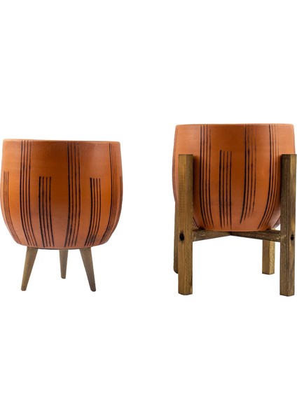Tasarımı Ev Dekorasyon Aksesuar Dik Çizgi Desenli Toprak Saksı Saksılık Salon Çiçeklik Ikili Set 3 Ayaklı- 4 Ayaklı- 19 cm